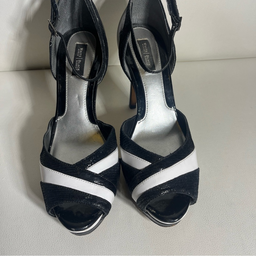 White House Black Market Black and White Heels with Crisscross Straps